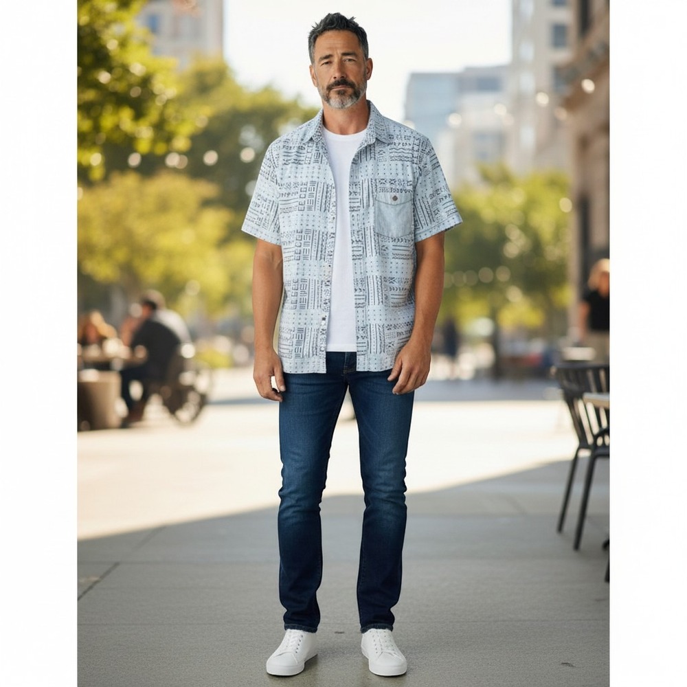 Modern Amusement Button Down Mens L Blue Geometric Tribal Surf Skate Shirt